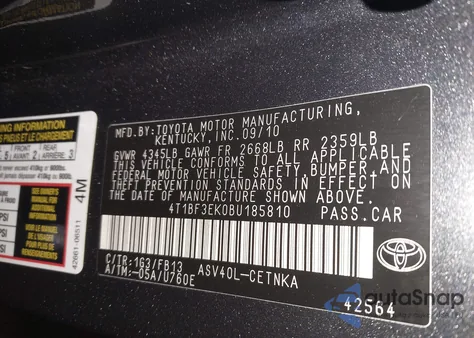 2011 Toyota Camry Le z USA, uszkodzony, nr VIN 4T1BF3EK0BU185810